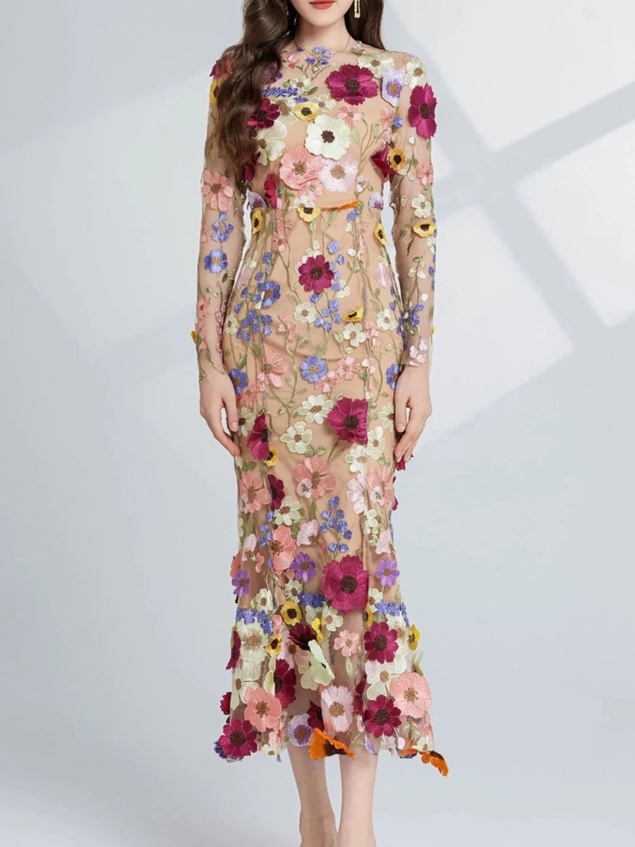 Floral Embroidered Mesh Midi Dress - 