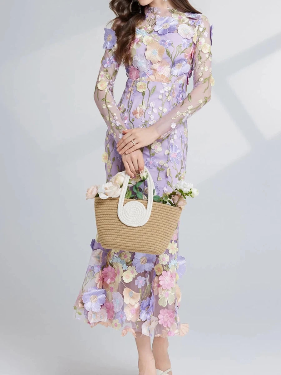 Floral Embroidered Mesh Midi Dress - 