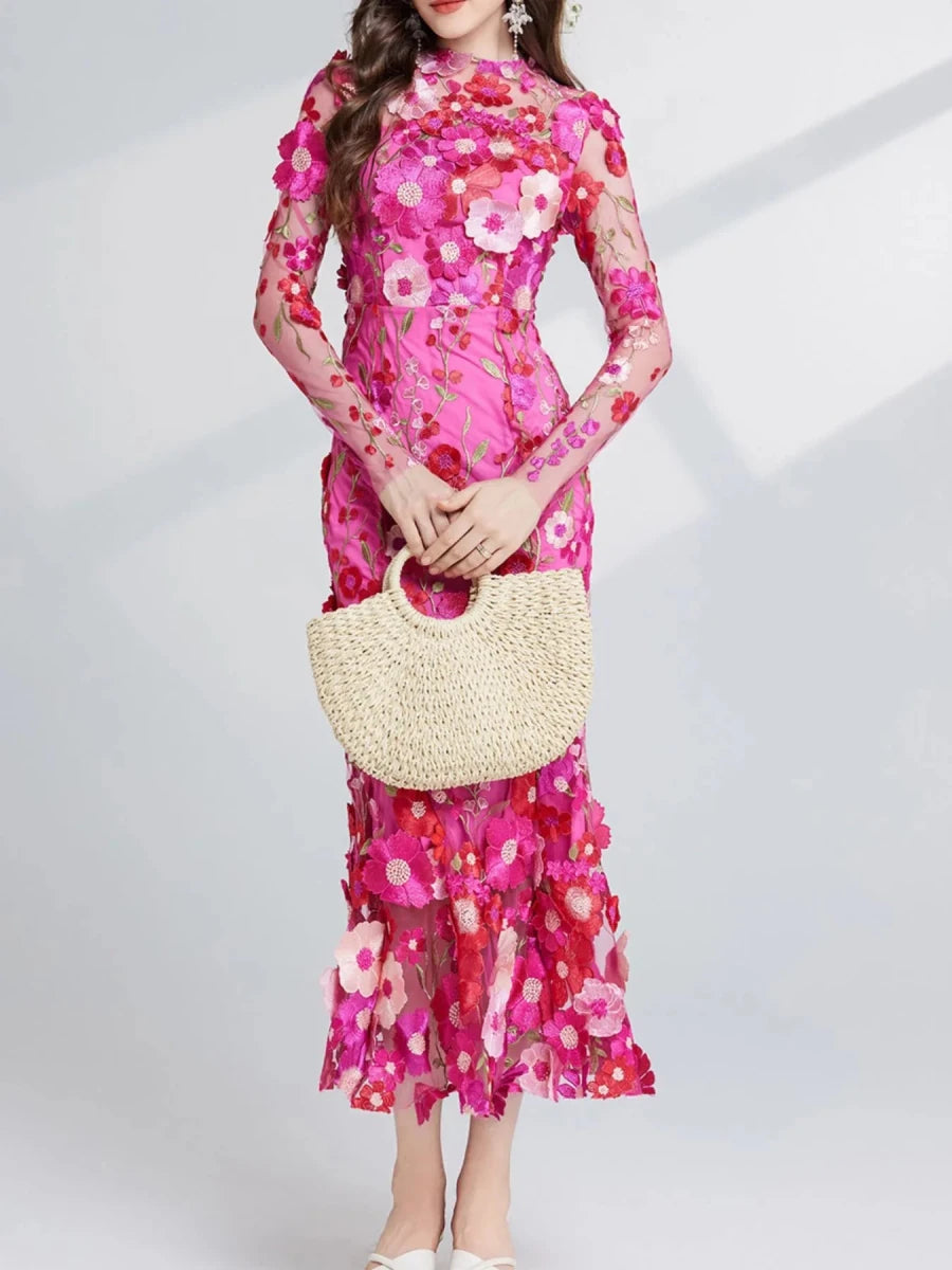 Floral Embroidered Mesh Midi Dress - 