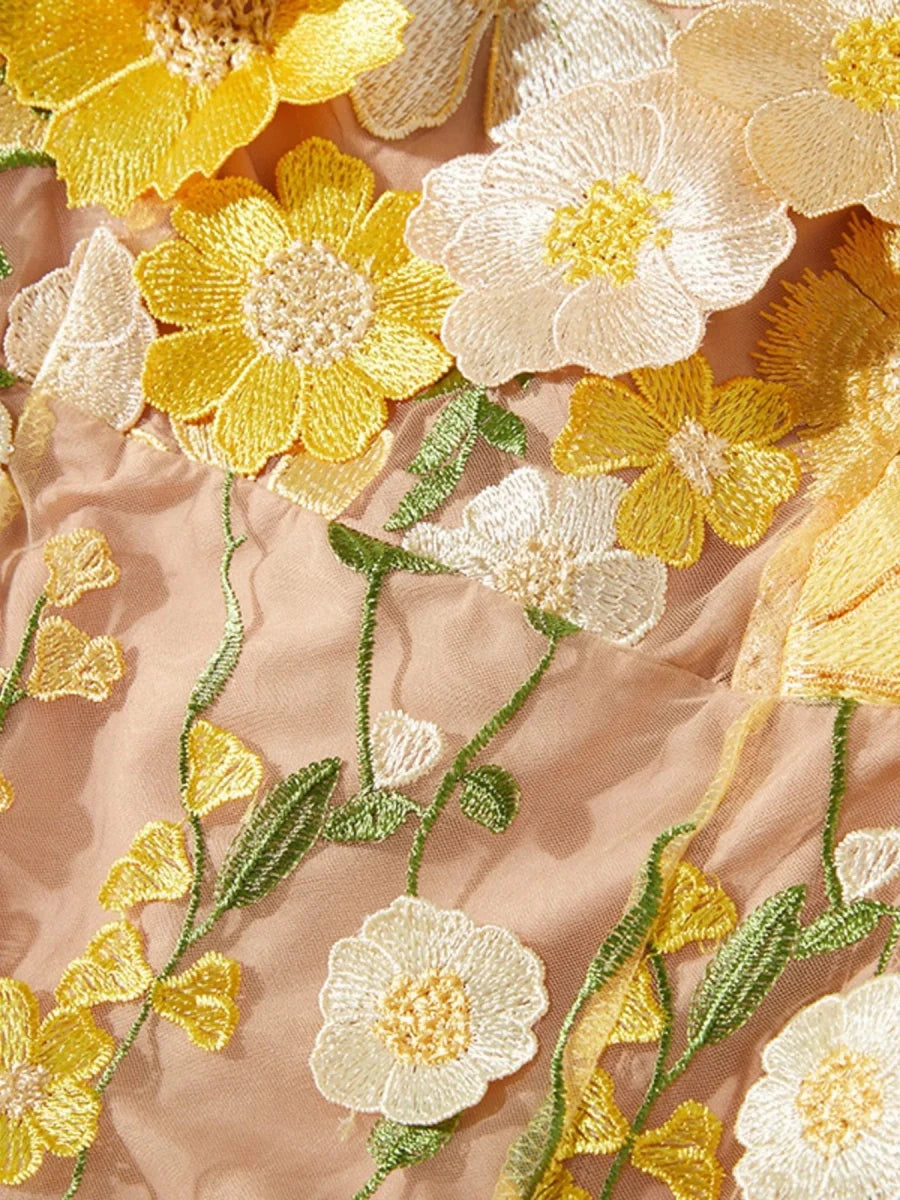 Floral Embroidered Mesh Midi Dress - 