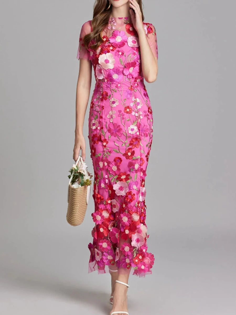 Floral Embroidered Mesh Overlay Maxi Dress - 