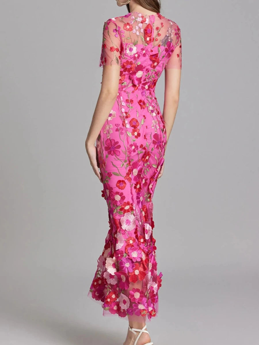 Floral Embroidered Mesh Overlay Maxi Dress - 