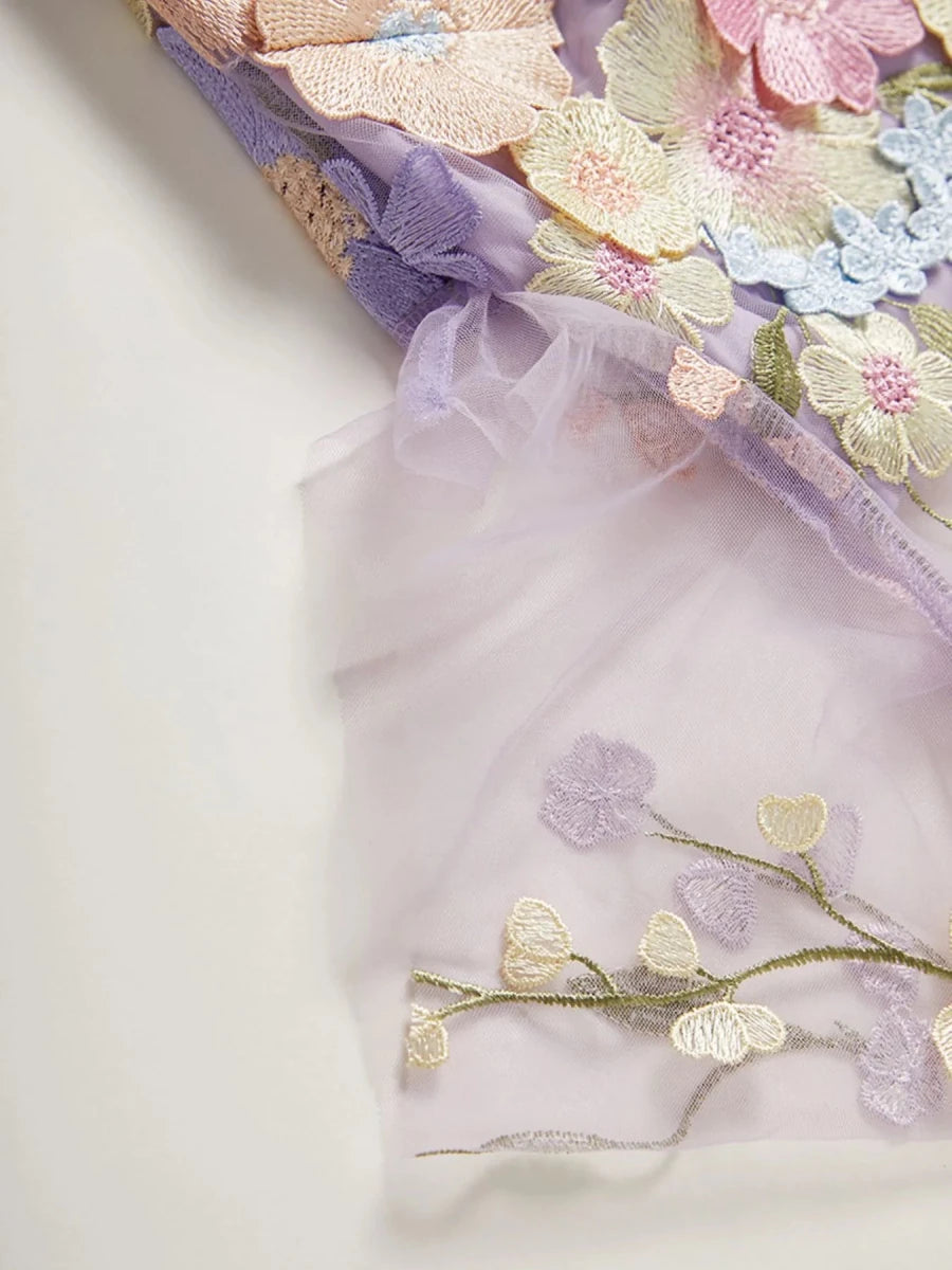 Floral Embroidered Mesh Overlay Maxi Dress - 