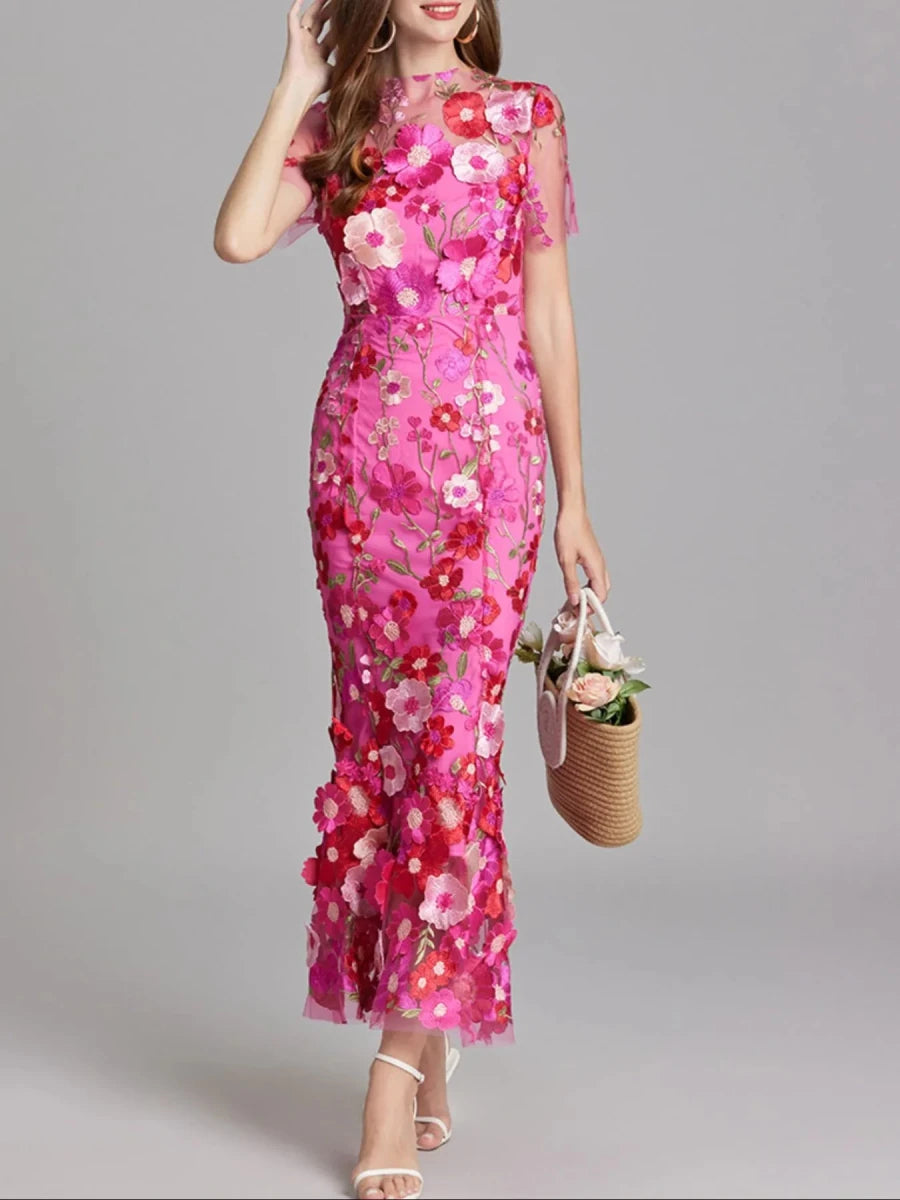Floral Embroidered Mesh Overlay Maxi Dress - 