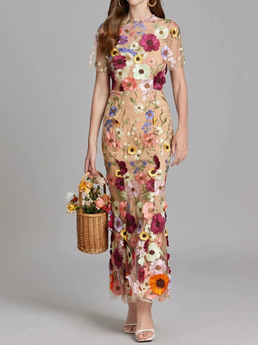 Floral Embroidered Mesh Overlay Maxi Dress - 