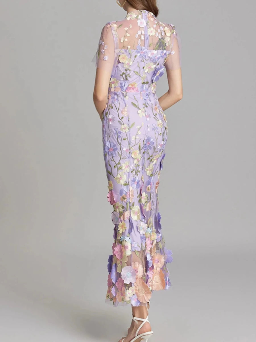 Floral Embroidered Mesh Overlay Maxi Dress - 