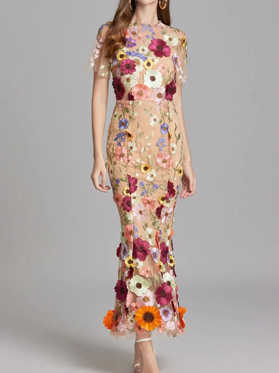 Floral Embroidered Mesh Overlay Maxi Dress - 