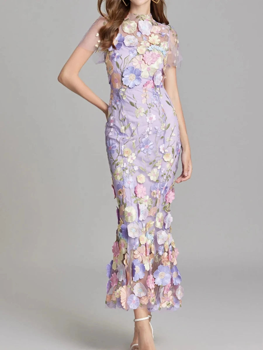 Floral Embroidered Mesh Overlay Maxi Dress - 