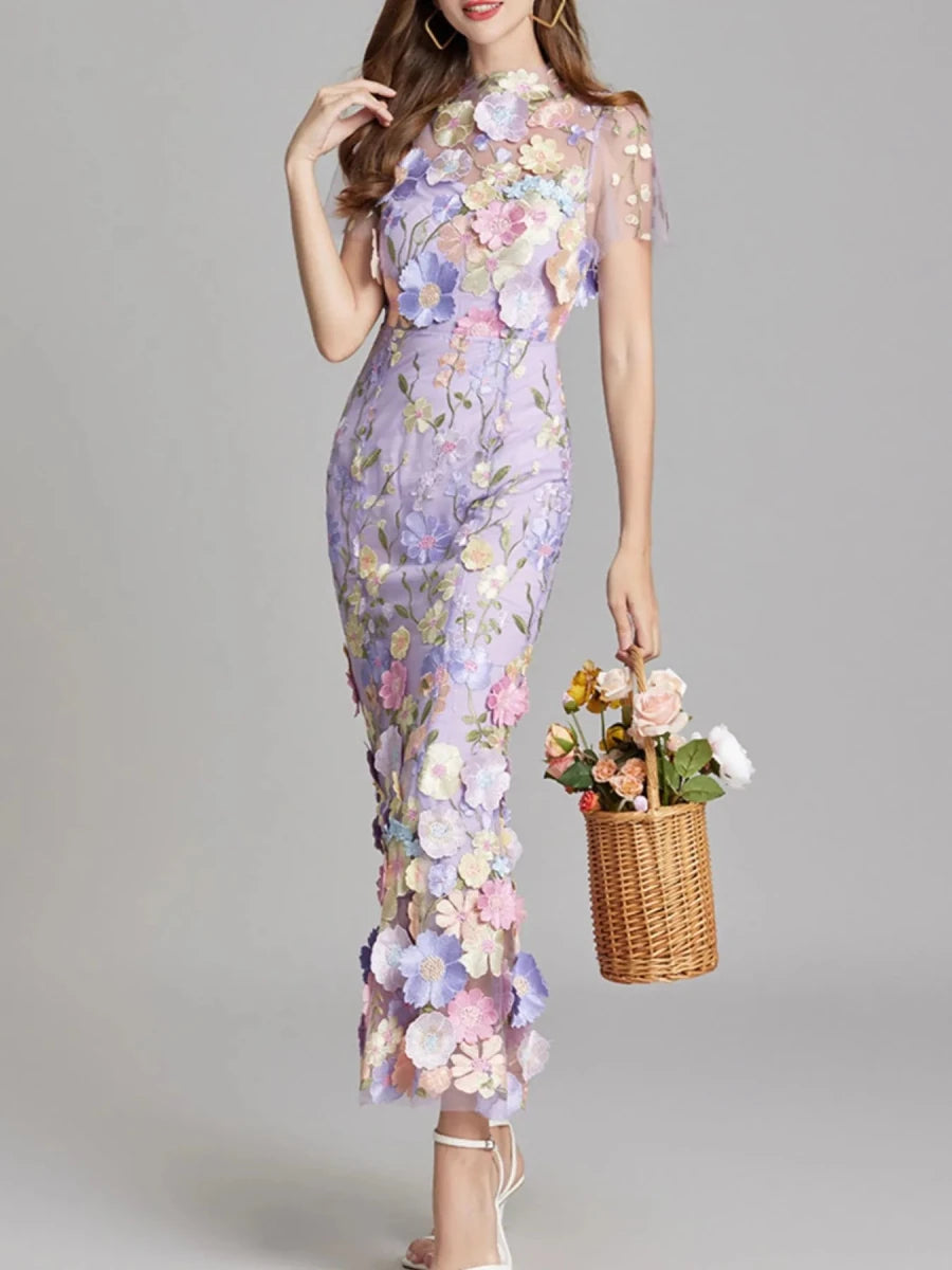 Floral Embroidered Mesh Overlay Maxi Dress - 