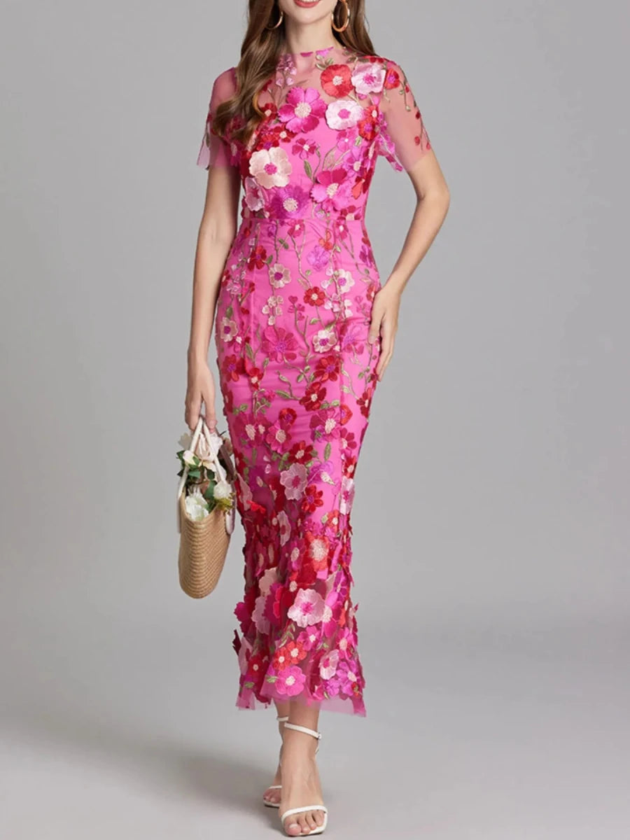 Floral Embroidered Mesh Overlay Maxi Dress - 