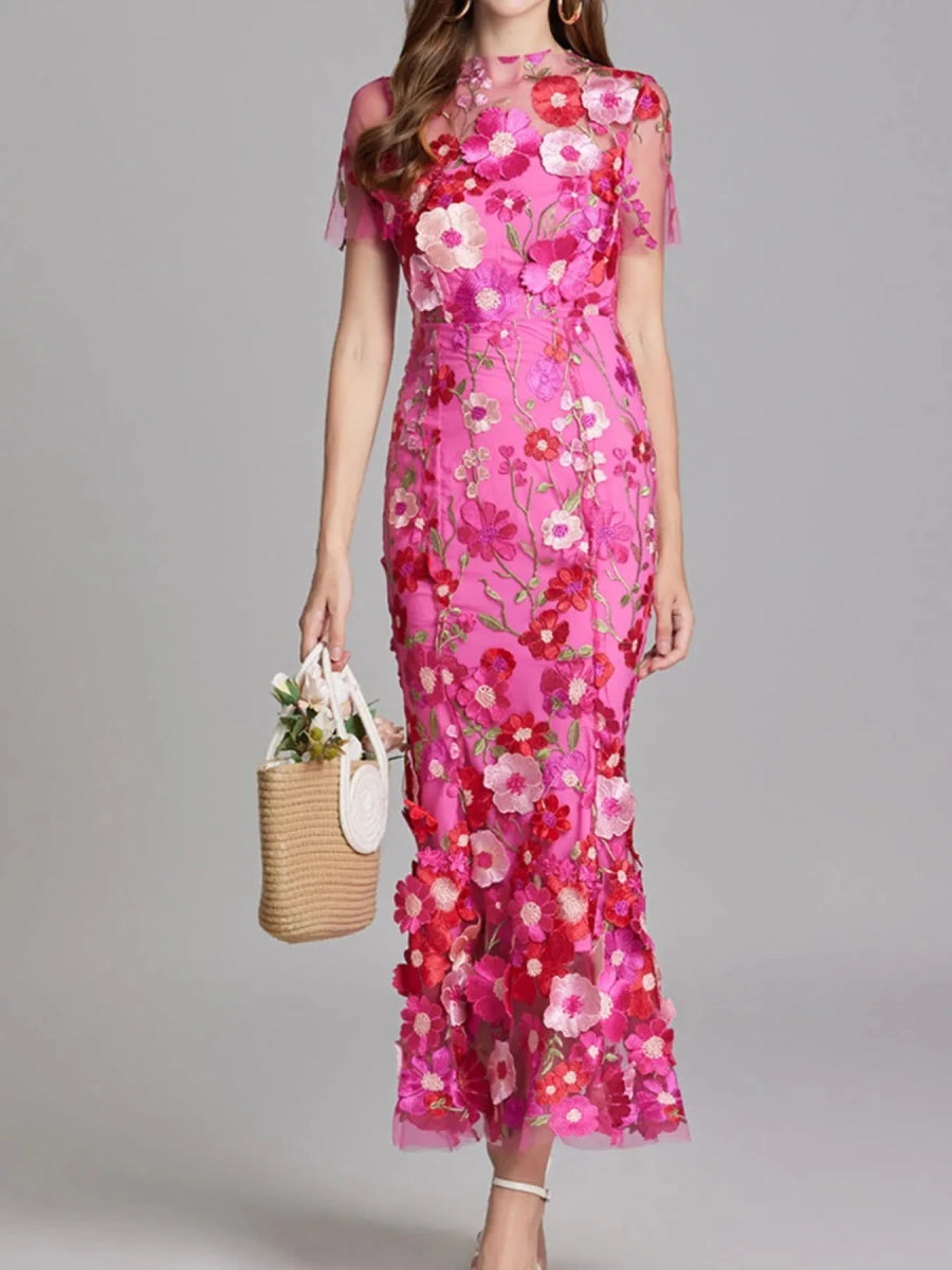 Floral Embroidered Mesh Overlay Maxi Dress - 