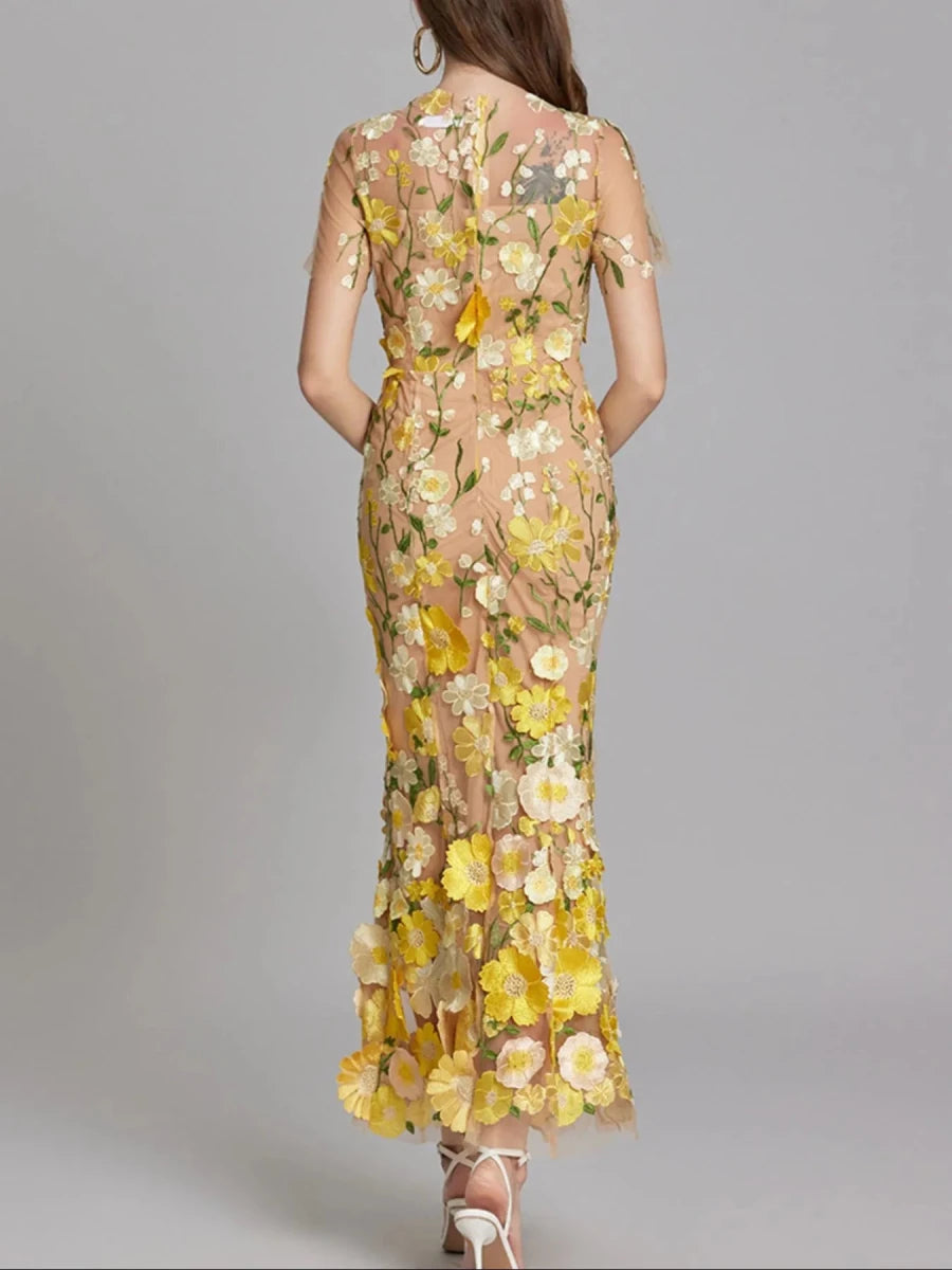Floral Embroidered Mesh Overlay Maxi Dress - 