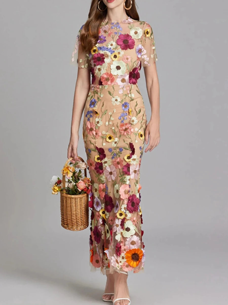 Floral Embroidered Mesh Overlay Maxi Dress - 
