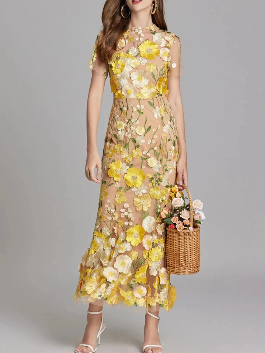 Floral Embroidered Mesh Overlay Maxi Dress - 