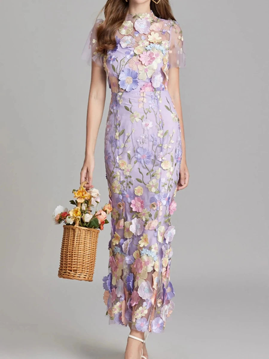 Floral Embroidered Mesh Overlay Maxi Dress - 