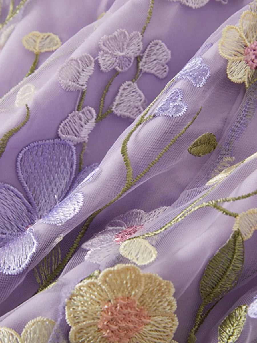 Floral Embroidered Mesh Overlay Maxi Dress - 