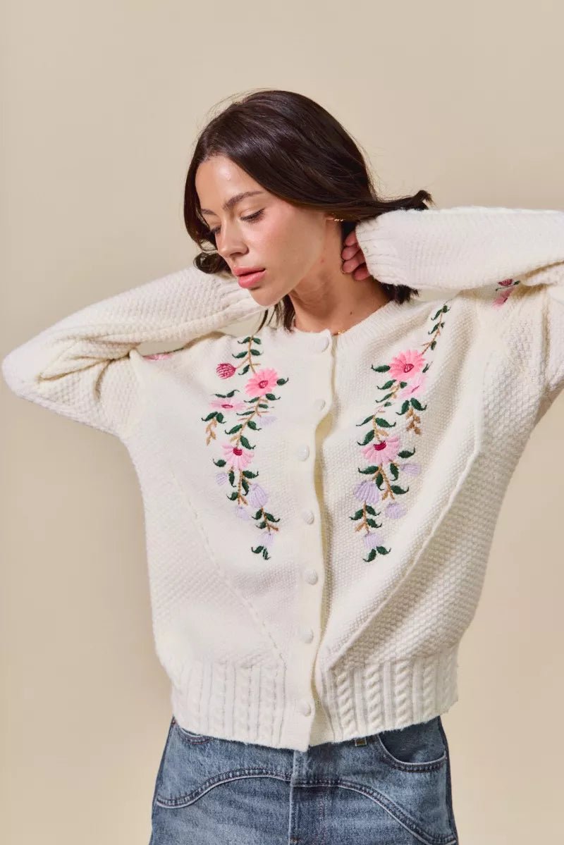 Floral Embroidered Sweater Cardigan - 