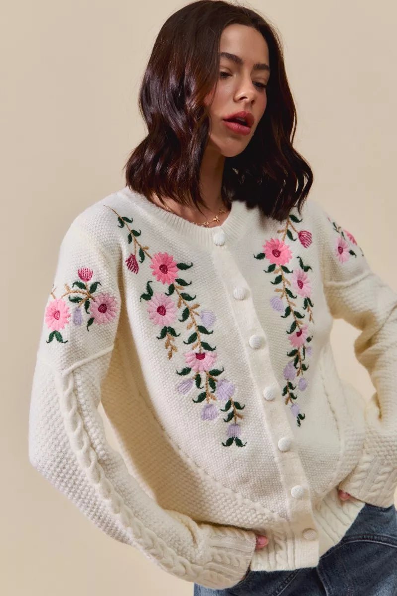 Floral Embroidered Sweater Cardigan - 