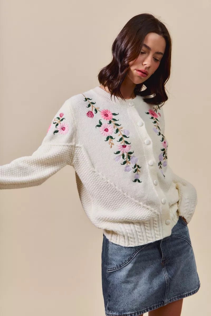 Floral Embroidered Sweater Cardigan - 