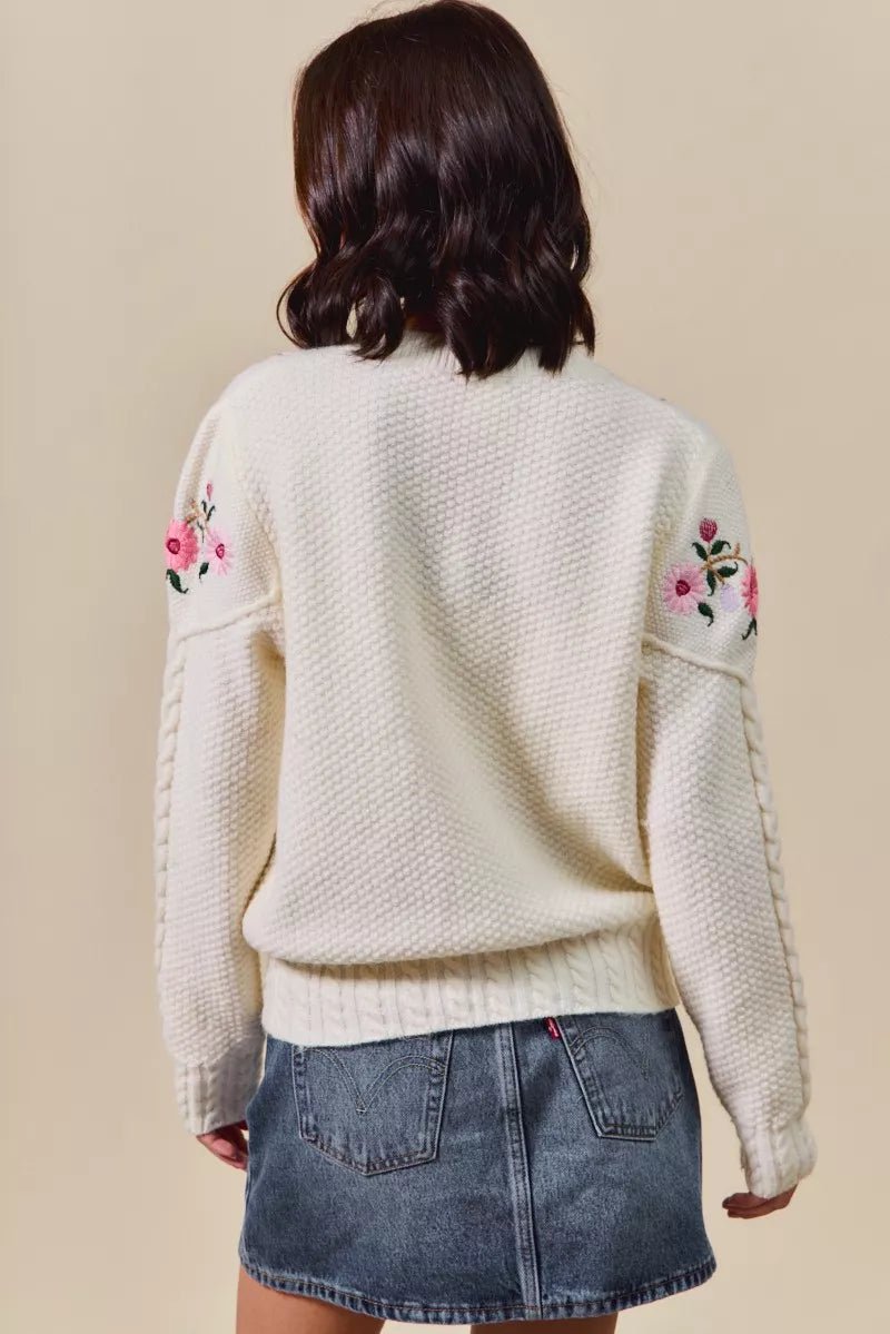 Floral Embroidered Sweater Cardigan - 