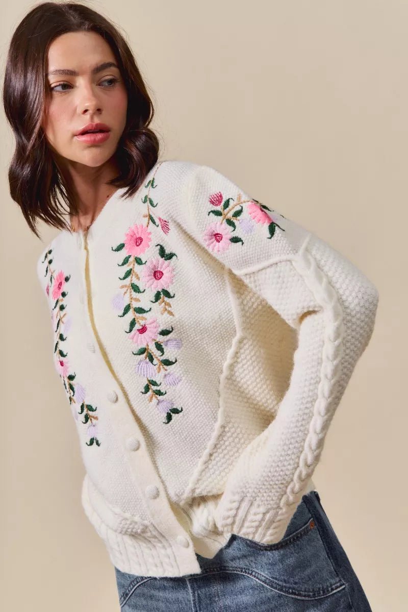 Floral Embroidered Sweater Cardigan - 