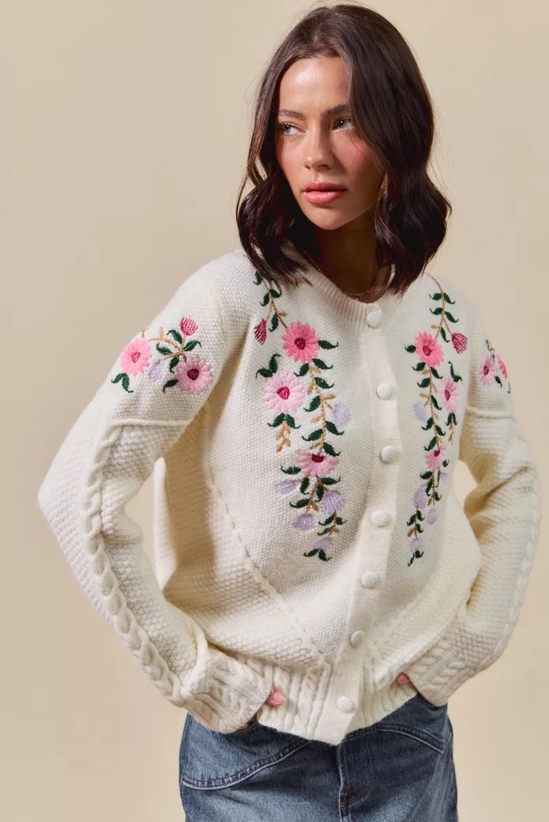 Floral Embroidered Sweater Cardigan - 