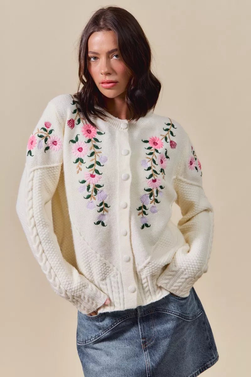 Floral Embroidered Sweater Cardigan - 