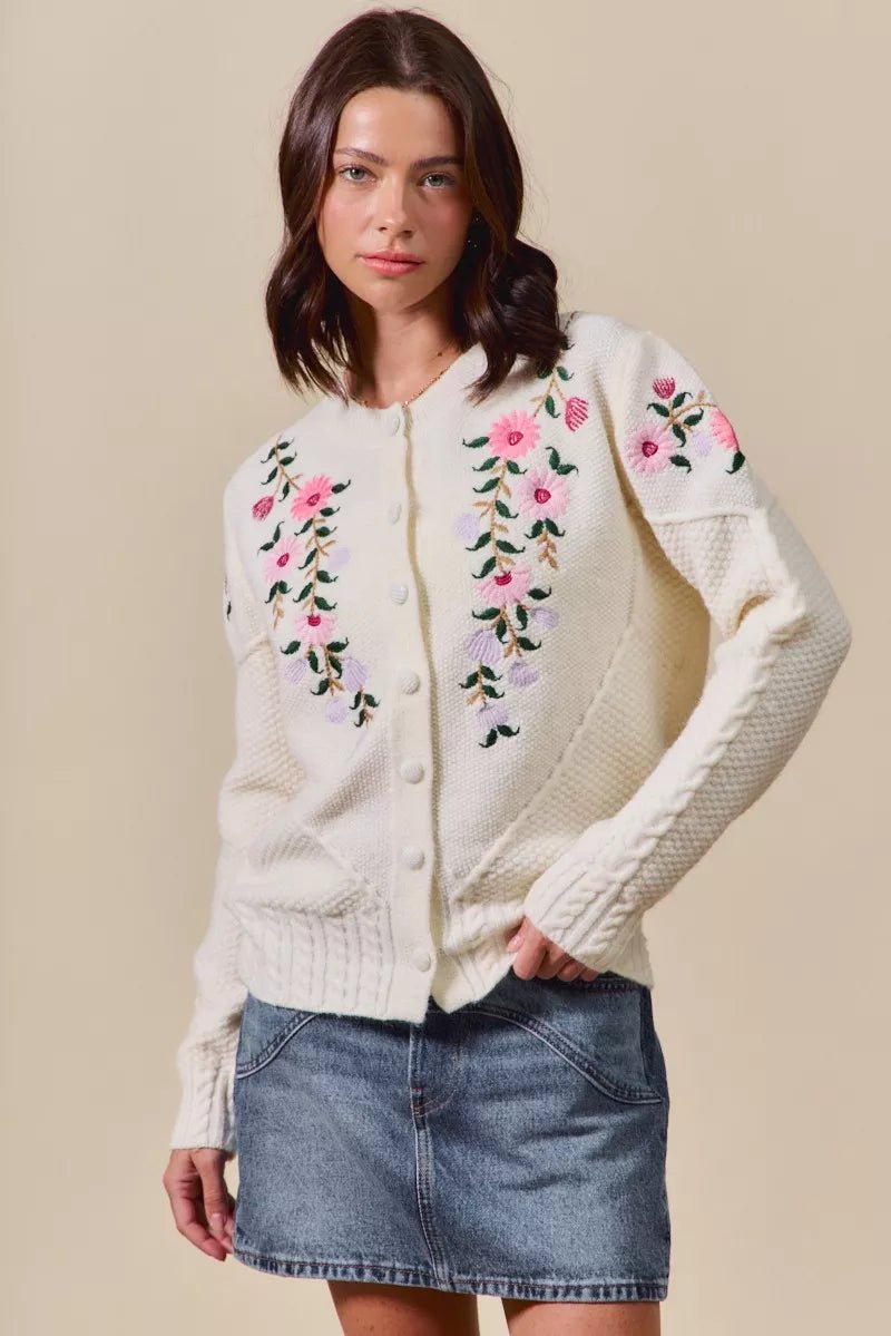 Floral Embroidered Sweater Cardigan - 