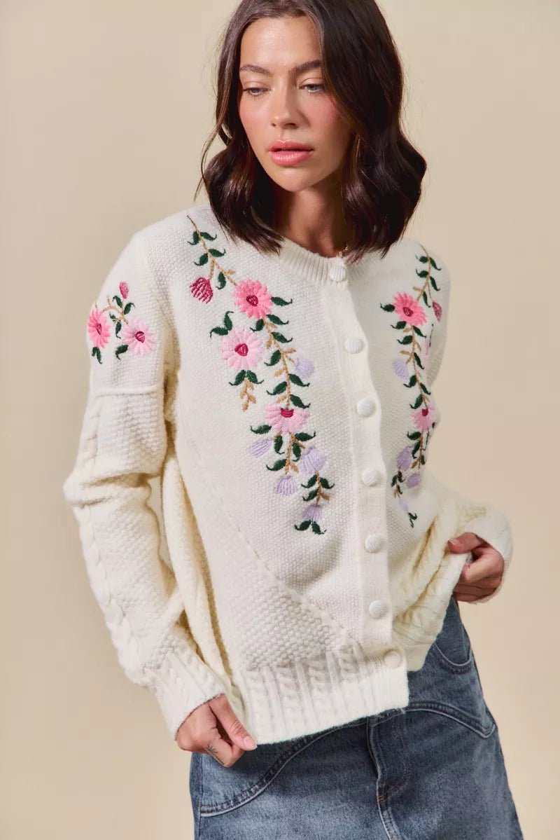 Floral Embroidered Sweater Cardigan - 