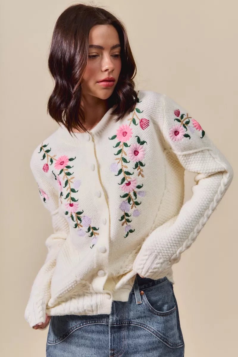Floral Embroidered Sweater Cardigan - 