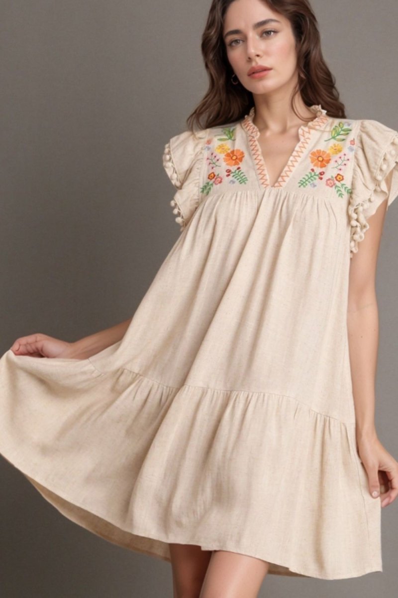 Floral Embroidery Pom Pom Ruffle Sleeves Mini Dress - New Arrivals