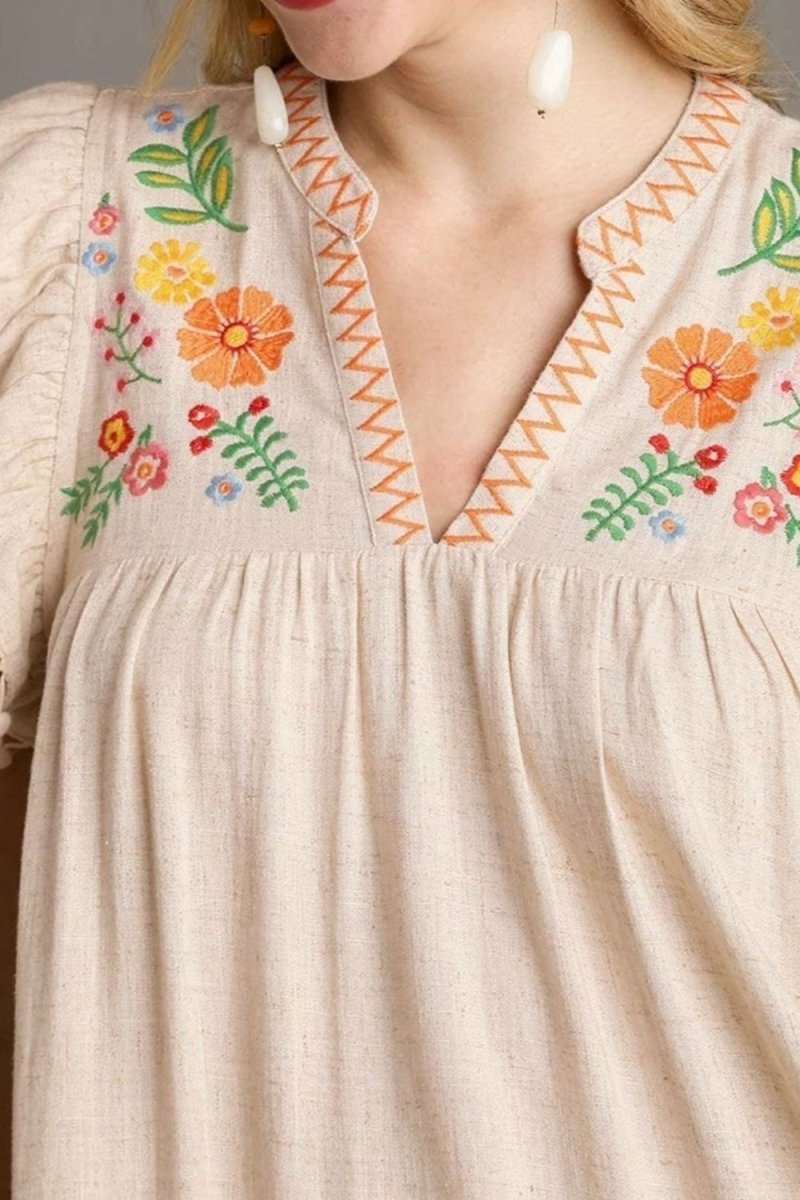 Floral Embroidery Pom Pom Ruffle Sleeves Mini Dress - New Arrivals