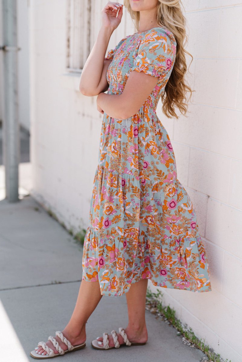 Floral Flounce Sleeve Round Neck Midi Dress - Casual Dress
