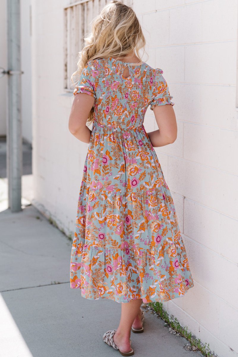 Floral Flounce Sleeve Round Neck Midi Dress - Casual Dress