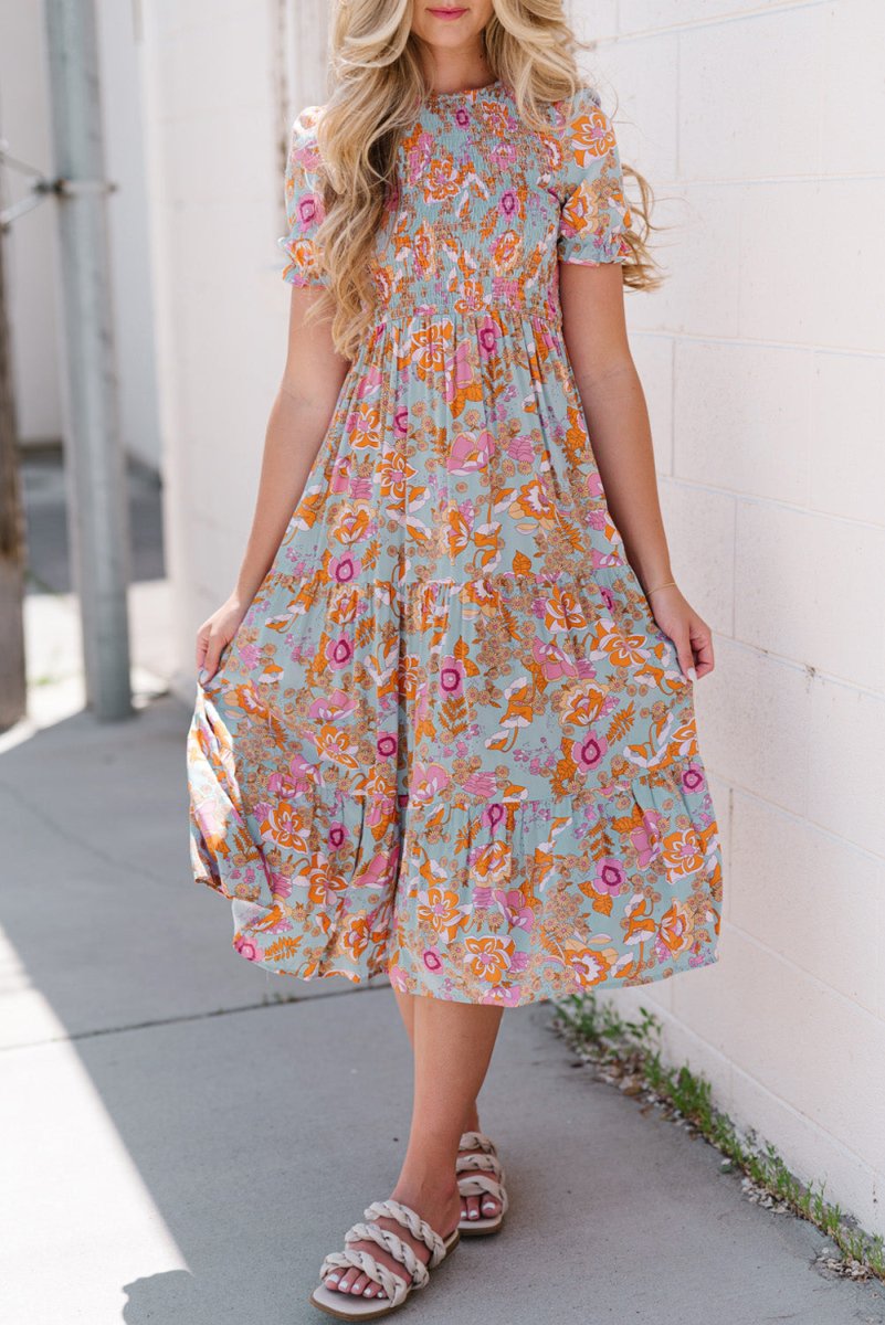 Floral Flounce Sleeve Round Neck Midi Dress - Casual Dress