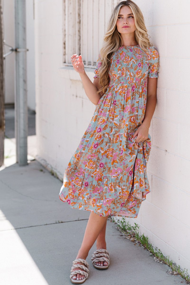 Floral Flounce Sleeve Round Neck Midi Dress - Casual Dress