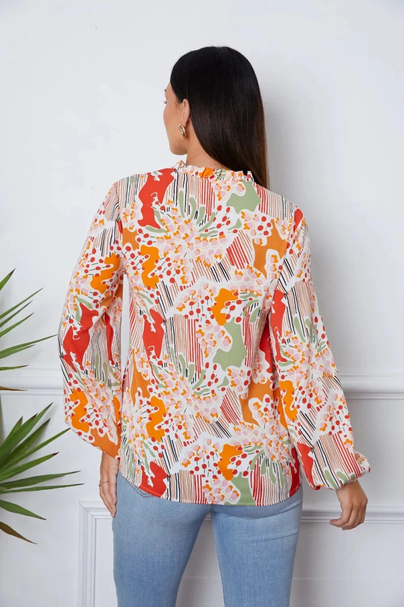 Floral Frill Notched Long Sleeve Blouse - 