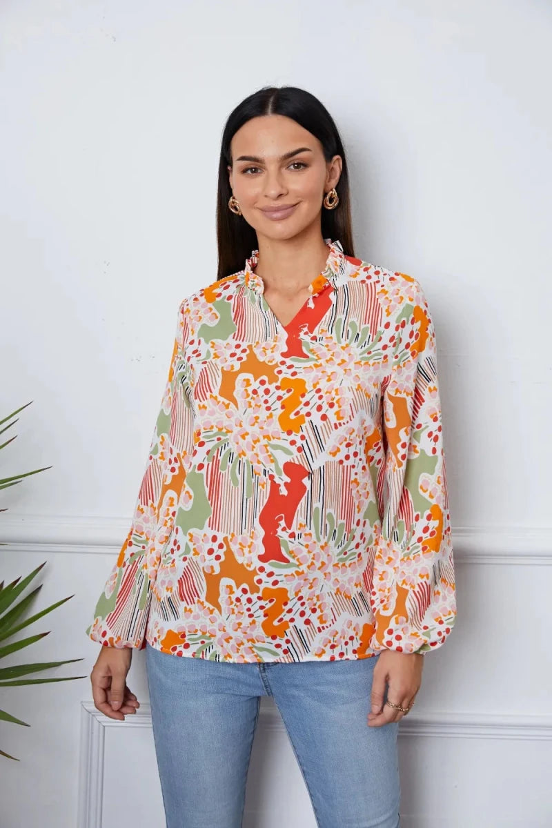 Floral Frill Notched Long Sleeve Blouse - 