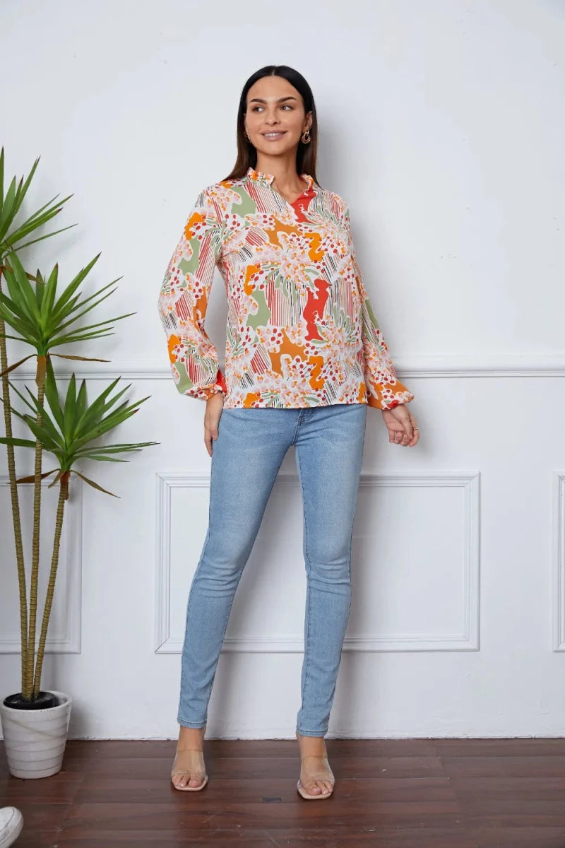 Floral Frill Notched Long Sleeve Blouse - 