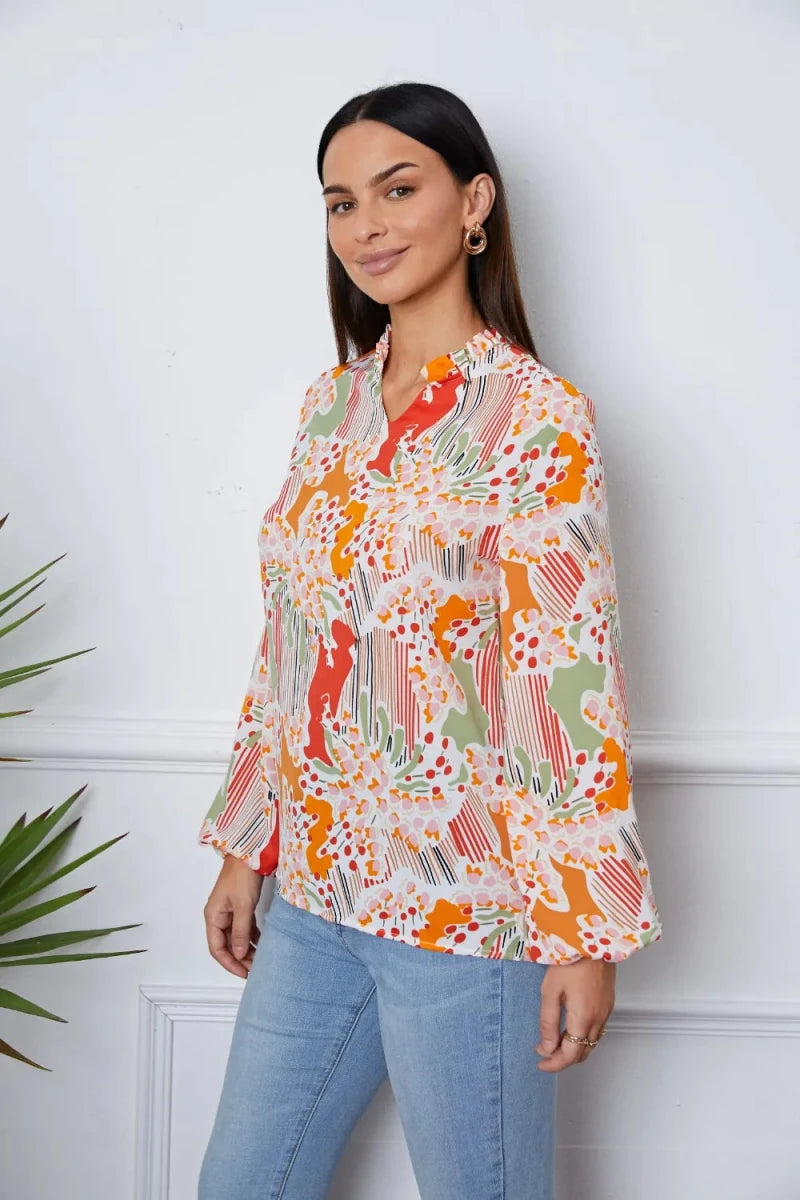 Floral Frill Notched Long Sleeve Blouse - 