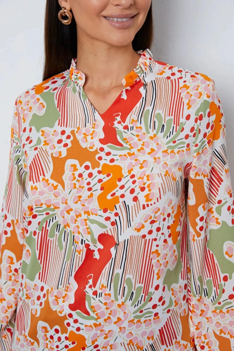 Floral Frill Notched Long Sleeve Blouse - 