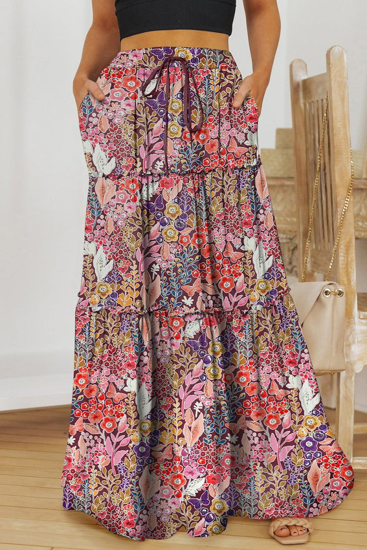 Floral Frill Trim Tiered Maxi Skirt - Bottoms