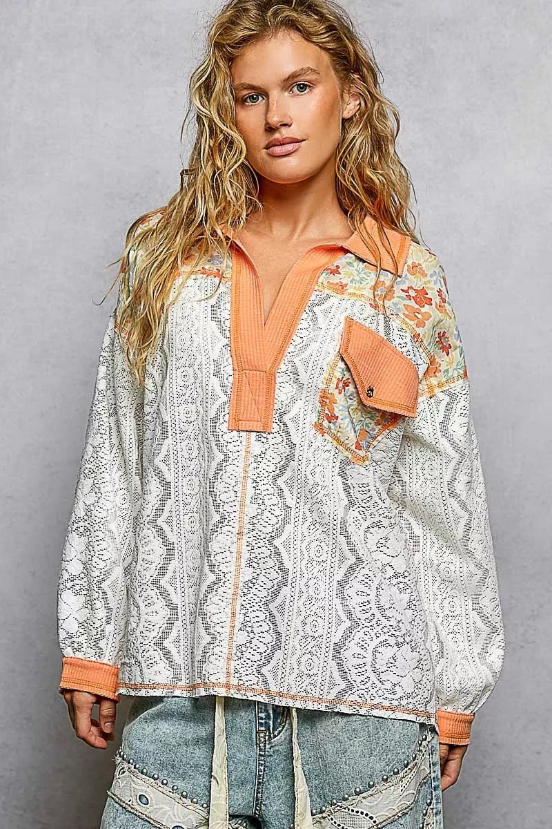 Floral Lace Shirt with Pocket - 