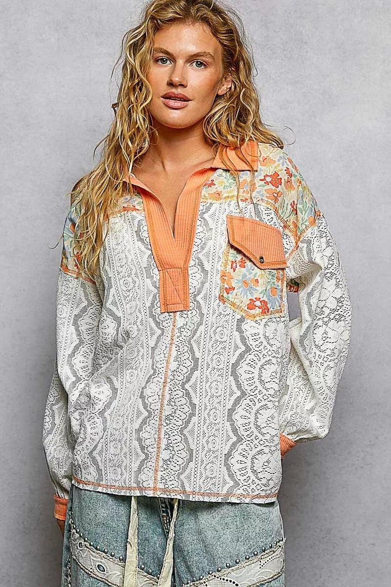Floral Lace Shirt with Pocket - 
