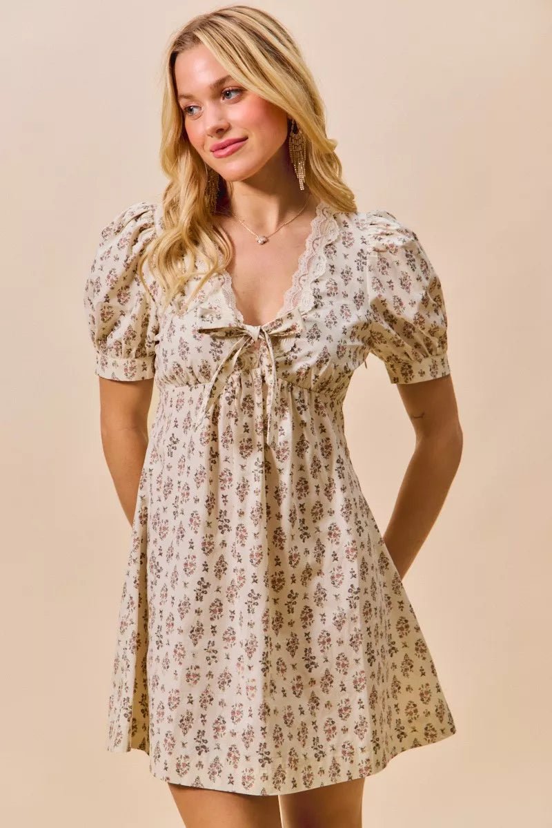 Floral Lace Trim Mini Dress - 