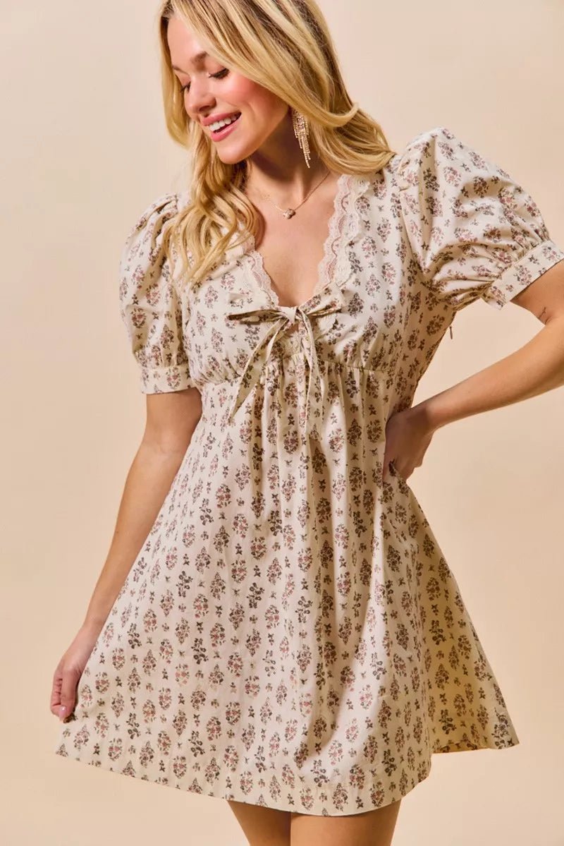 Floral Lace Trim Mini Dress - 