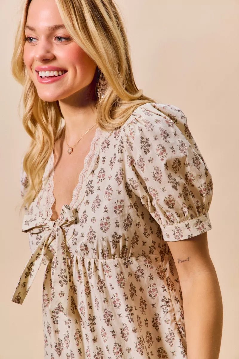 Floral Lace Trim Mini Dress - 