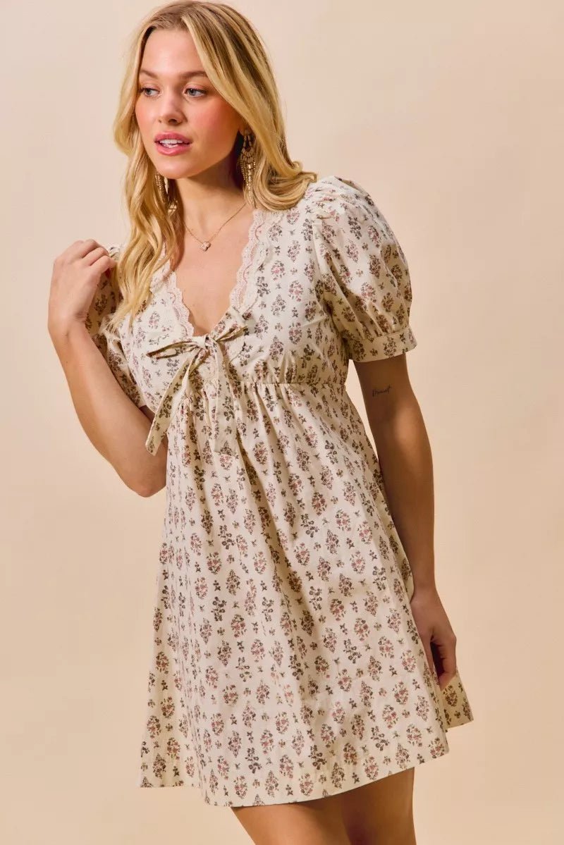 Floral Lace Trim Mini Dress - 