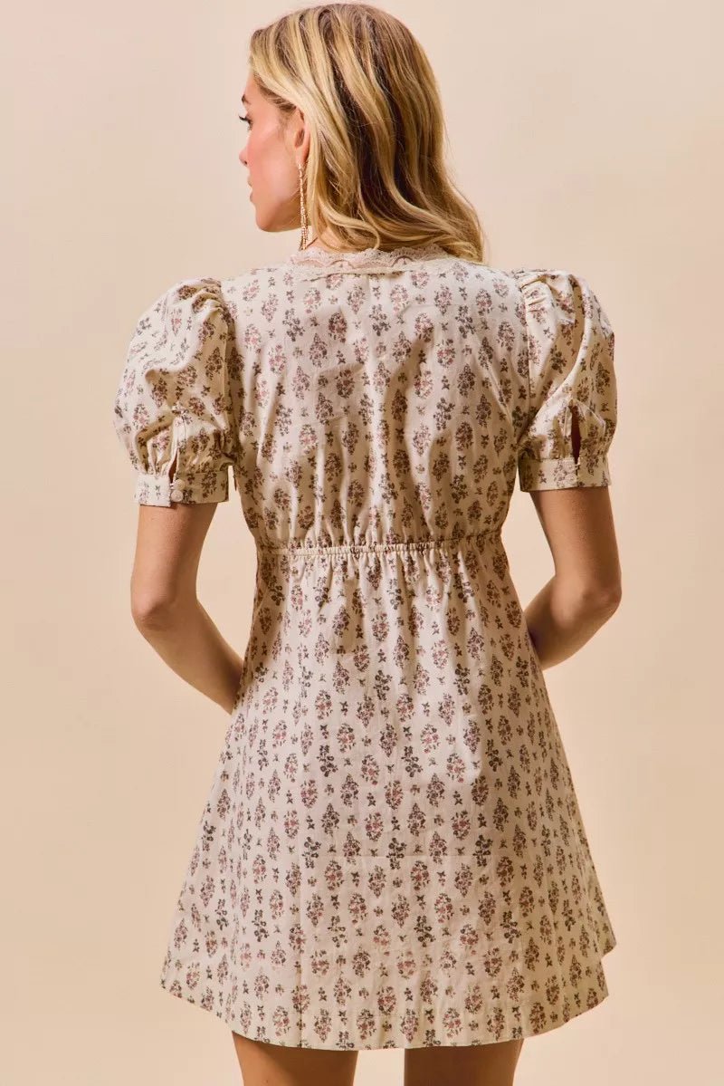 Floral Lace Trim Mini Dress - 