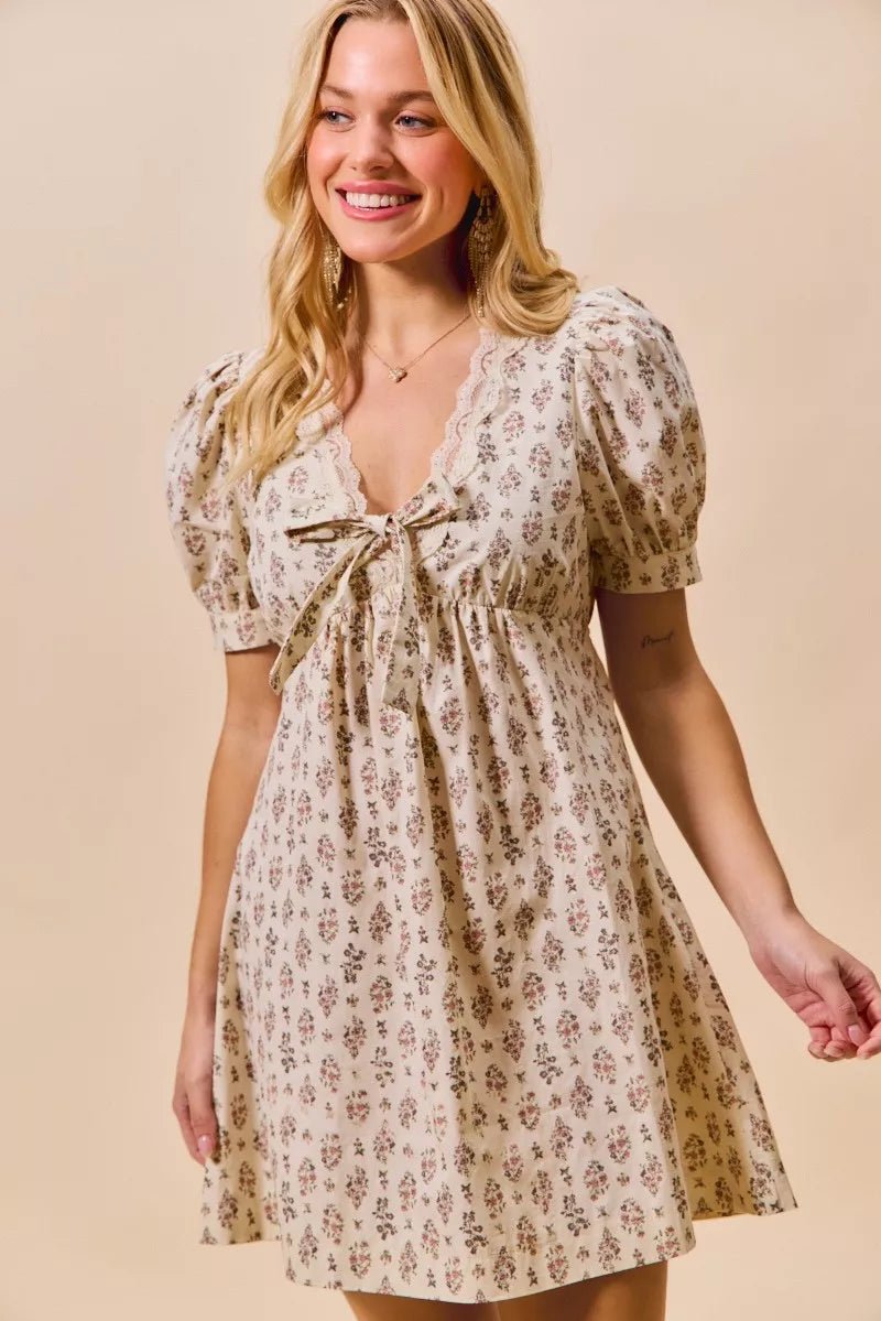 Floral Lace Trim Mini Dress - 